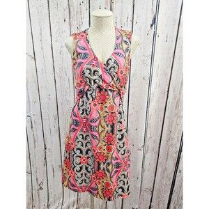 ALK Women's M Prana Pink Paisley Retro Faux Wrap Twist Front Jersey Knit Dress